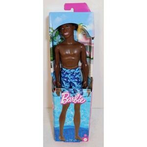 African American Barbie Beach Ken Doll Black Sculpted Hair Blue Swimsuit NEW